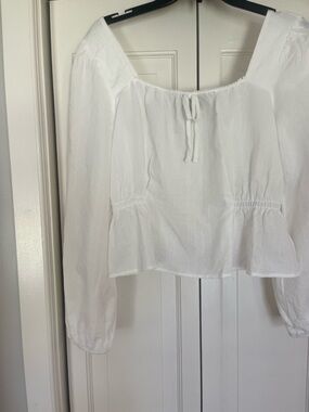White Peasant Smocked Waist Long-Sleeve Top